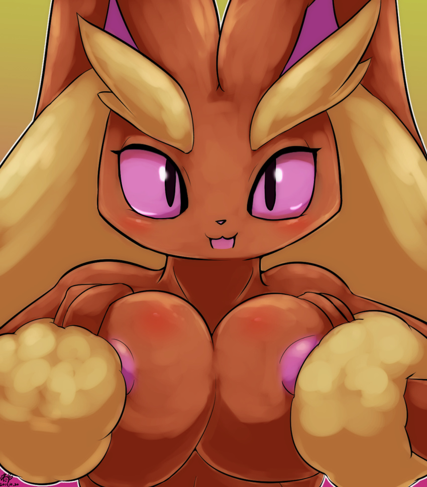 1girl 2017 :3 animal_ears areolae black_eyes blush breast_hold breast_squeeze breasts bunny_ears cottontail dated female furry gradient gradient_background hands_up highres large_breasts looking_at_viewer lopunny nipples no_humans nude open_mouth orange_background pink_sclera pokemon pokemon_(creature) pokemon_dppt signature simple_background smile solo text upper_body watermark