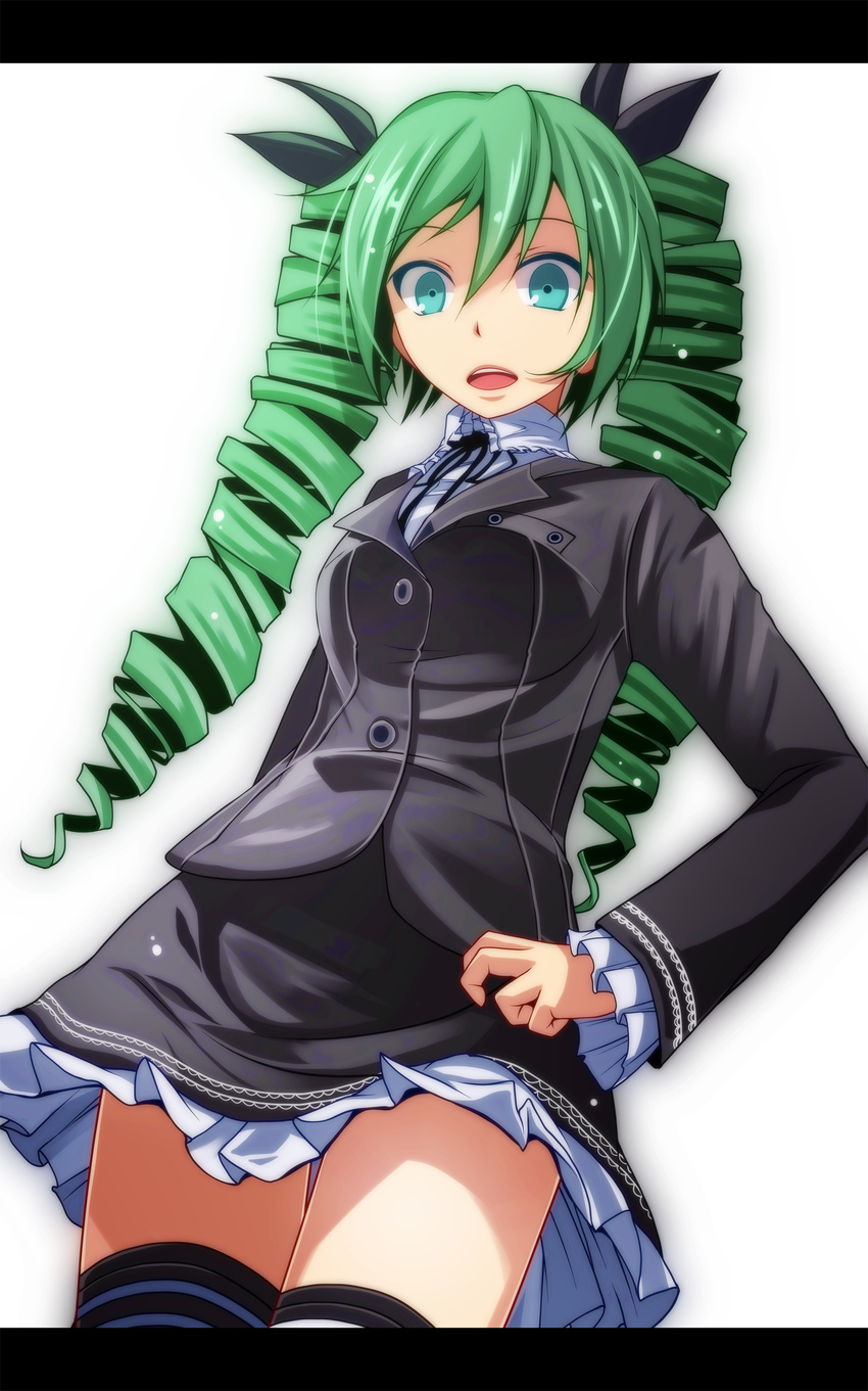 absurdres aqua_eyes bad_id bad_pixiv_id breasts cowboy_shot dark_angel_(module) drill_hair frilled_sleeves frills green_hair hatsune_miku highres himitsu_keisatsu_(vocaloid) letterboxed long_hair medium_breasts project_diva_(series) project_diva_f solo thighhighs thighs tsukishiro_saika twin_drills twintails vocaloid white_background zettai_ryouiki