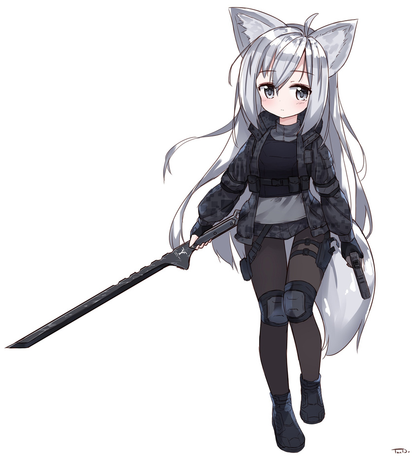 animal_ear_fluff animal_ears bandaid_on_leg bangs black_footwear black_legwear blade_&amp;_soul blush camouflage camouflage_jacket camouflage_shorts closed_mouth digital_camouflage eyebrows_visible_through_hair fox_ears fox_girl fox_tail grey_eyes gun hair_between_eyes handgun highres holding holding_gun holding_sword holding_weapon holster jacket knee_pads long_hair looking_at_viewer lyn_(blade_&amp;_soul) military_jacket open_clothes open_jacket pantyhose ping_myu_ring_(tandohark) pistol shoes shorts signature silver_hair simple_background solo standing standing_on_one_leg sword tail tandohark thigh_holster very_long_hair weapon white_background