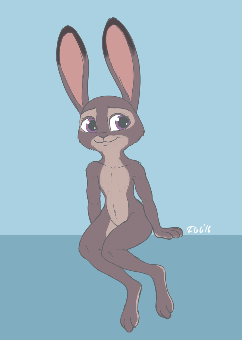 2016 :3 anthro blue_background dipstick_ears disney female flat_chested judy_hopps lagomorph looking_at_viewer mammal navel nude purple_eyes rabbit signature simple_background sitting solo tggeko zootopia