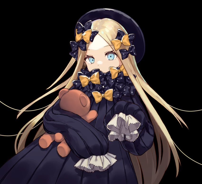 abigail_williams_(fate/grand_order) bangs black_background black_bow black_dress black_hat blonde_hair blue_eyes bow commentary covered_mouth dress eyebrows_visible_through_hair fate/grand_order fate_(series) forehead hair_bow hat highres long_hair long_sleeves looking_at_viewer object_hug orange_bow parted_bangs polka_dot polka_dot_bow simple_background sleeves_past_fingers sleeves_past_wrists solo stuffed_animal stuffed_toy tadaomi_(amomom) teddy_bear very_long_hair