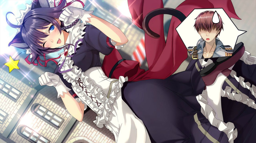 1girl ;d ahoge animal_ears blush braid brown_footwear brown_hair building cat_ears cat_tail dutch_angle epaulettes gloves hair_over_eyes hands_up looking_at_viewer maid official_art one_eye_closed open_mouth outdoors paw_pose protagonist_(x-overd) purple_hair smile speech_bubble standing standing_on_one_leg star sweatdrop tail veronica_(x-overd) white_gloves white_legwear x-overd