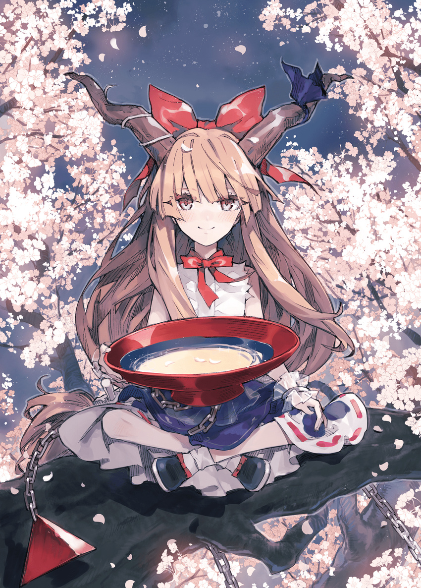 alcohol black_footwear blue_ribbon blue_skirt bow chain cherry_blossoms closed_mouth cup hair_bow hand_on_own_knee highres holding holding_cup horn_ribbon horns ibuki_suika indian_style long_hair looking_at_viewer minakata_sunao nature night night_sky orange_hair outdoors petals red_bow red_eyes red_neckwear ribbon sakazuki sake shirt shoe_bow shoes sitting skirt sky sleeveless sleeveless_shirt smile socks solo star_(sky) starry_sky touhou tree white_legwear white_shirt wrist_cuffs