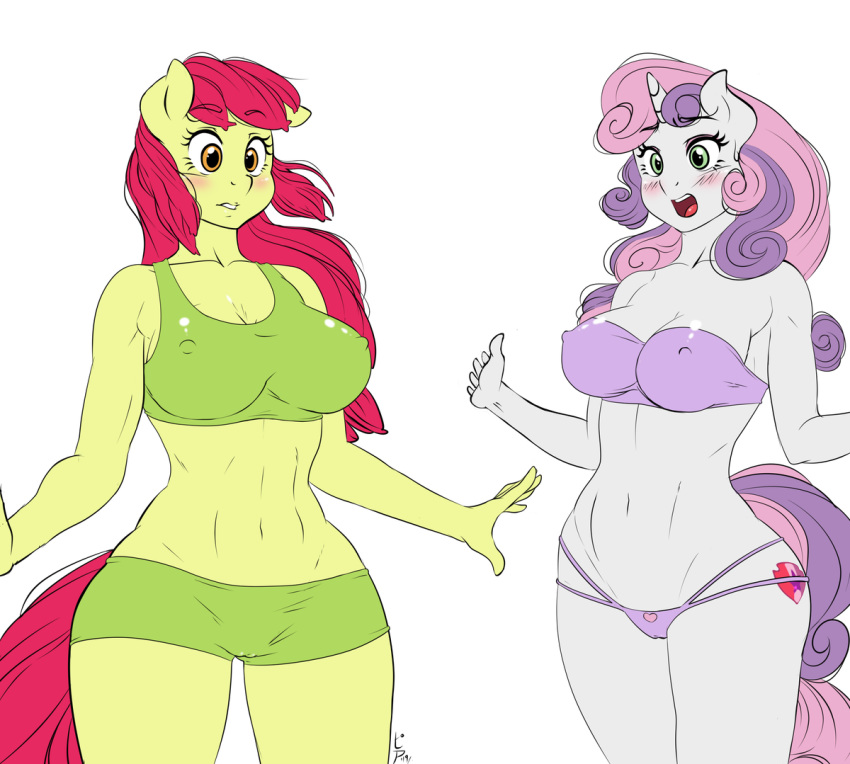 5_fingers anthro anthrofied apple_bloom_(mlp) big_breasts bike_shorts bikini blush breasts camel_toe cleavage clothed clothing cutie_mark duo earth_pony equine erect_nipples eyebrows eyelashes female fluffy fluffy_tail friendship_is_magic green_eyes hair horn horse humanoid_hands long_hair mammal micro_bikini multicolored_hair multicolored_tail my_little_pony navel nipple_bulge nipples open_mouth open_smile orange_eyes pia-sama pink_hair pink_tail pink_tongue pony purple_hair purple_tail red_hair red_tail shorts signature simple_background skimpy slim small_waist smile snout sweetie_belle_(mlp) swimsuit teeth tongue tube_top two_tone_hair two_tone_tail unicorn white_background white_horn white_skin wide_hips yellow_skin