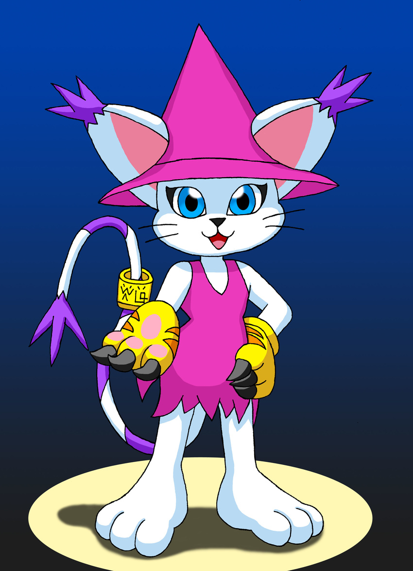 absurd_res blue_eyes claws clothing costume cute digimon ear_tuft feline female fur gatomon gloves hat hi_res hourglass_figure long_tail magic_user mammal ms_paint open_mouth paws purple_dress solo sonic808 tail_ring tuft whiskers white_fur witch witch_hat