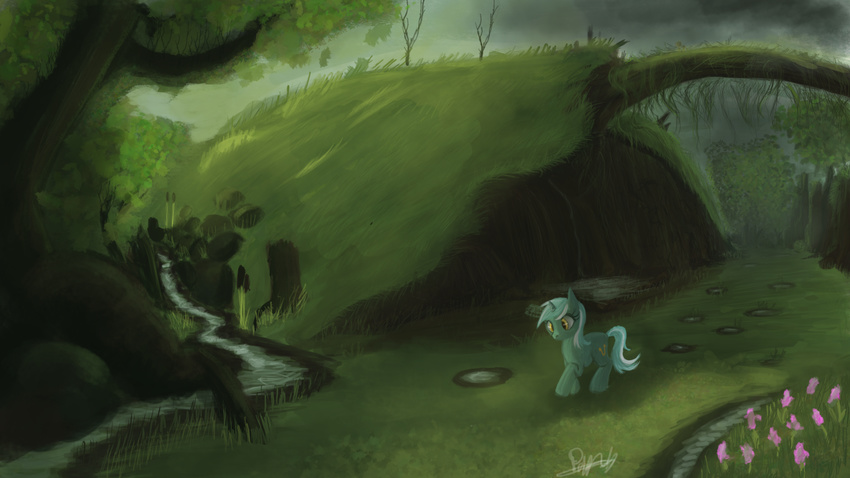 2013 creek cutie_mark cyan_hair equine eyelashes female flower forest friendship_is_magic grass hair horn leaves lyra_heartstrings_(mlp) mammal multicolored_hair my_little_pony nature outside paperdrop plant scenic solo tree two_tone_hair unicorn wallpaper water yellow_eyes