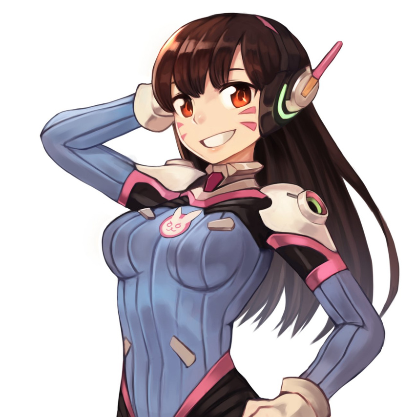:d bangs blue_bodysuit bodysuit breasts brown_hair d.va_(overwatch) facial_mark gloves hand_behind_head hand_on_hip hand_up headphones highres long_hair looking_at_viewer medium_breasts open_mouth overwatch red_eyes simple_background smile solo sookmo standing upper_body white_background white_gloves