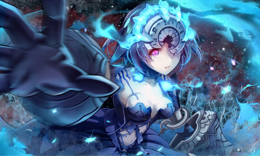 alice_(sinoalice) blue_dress blue_gloves blue_hair blue_skirt breasts commentary_request dark_persona dress gauntlets gloves glowing half-nightmare headpiece hoshizaki_reita looking_at_viewer medium_breasts motion_blur navel one_eye_covered parted_lips pleated_skirt purple_eyes reaching_out short_hair sinoalice skirt solo