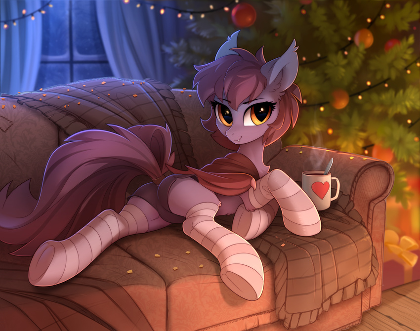 2017 amber_eyes bat_pony butt christmas cup detailed_background digital_media_(artwork) eyelashes female feral fur holidays hooves inside looking_at_viewer lying mammal my_little_pony presenting presenting_hindquarters smile solo tomatocoup tree yakovlev-vad