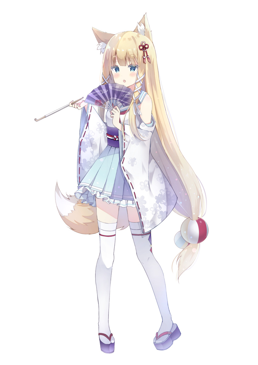 :o absurdres animal_ears bangs blonde_hair blue_eyes blush eyebrows_visible_through_hair fan fang floral_print fox_ears fox_girl fox_tail frilled_skirt frills full_body hair_ornament hair_ribbon highres holding holding_fan holding_pipe japanese_clothes kiseru long_hair long_sleeves looking_at_viewer low-tied_long_hair obi open_mouth original paper_fan pipe pleated_skirt ribbon ribbon-trimmed_sleeves ribbon_trim saeki_sora sailor_collar sash simple_background skirt solo standing tail teeth thighhighs very_long_hair white_background white_legwear white_ribbon wide_sleeves zouri