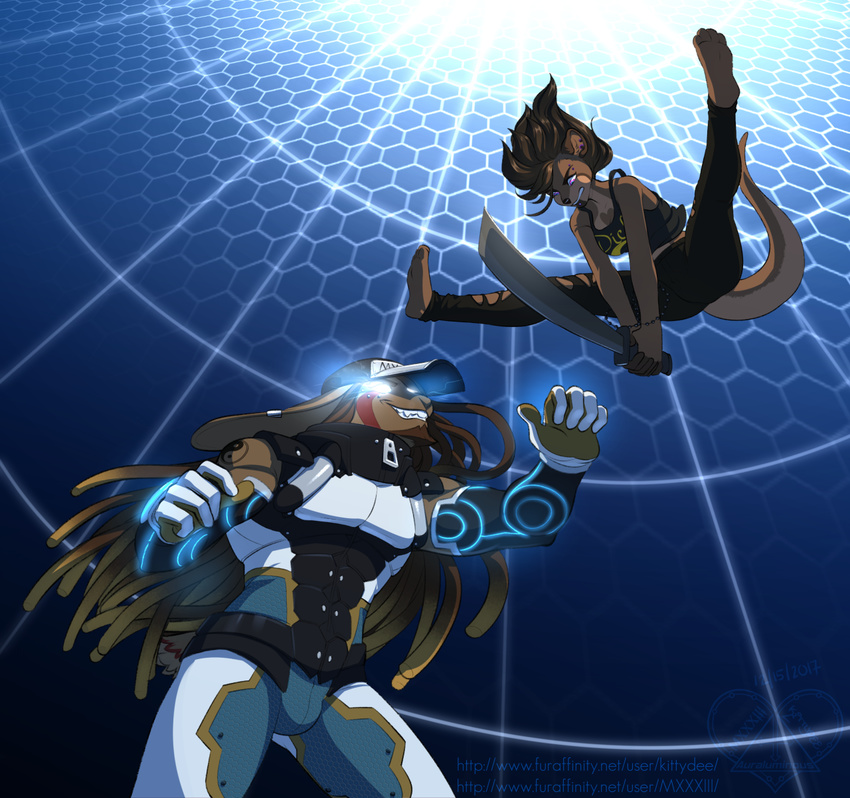 2017 5_fingers anthro arena battle brown_hair clothed clothing digital_media_(artwork) dome duo female fight hair holding_object holding_weapon kittydee lagomorph male mammal melee_weapon mustelid otter rabbit sword weapon