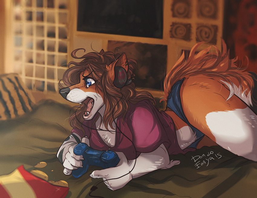 angry anthro bed black_nose blue_eyes brown_fur brown_hair building canine chips_(food) clothing controller enaya-thewhitewolfen female food freya_o'cathain fur gaming hair headphones headset house long_hair mammal ocathain~art potato_chips shirt shorts tattoo video_games wide_hips wolf yelling
