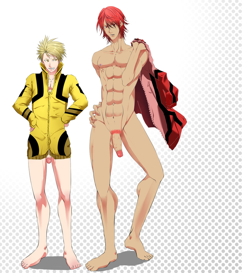 2boys abs blonde_hair full_body male_focus multiple_boys nude penis piercing red_hair size_difference undressing