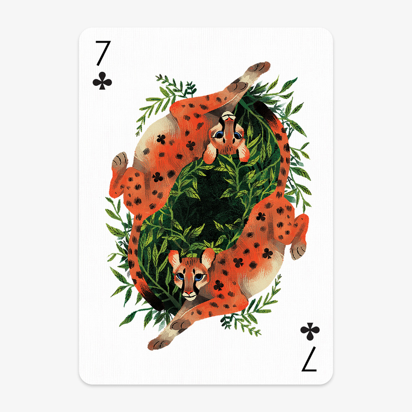 blue_eyes card chervellefryer cub duo feline fur leopard mammal orange_fur playing_card seven_of_clubs simple_background vines white_background young