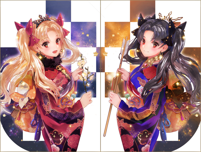 :d black_bow black_hair blonde_hair bow closed_mouth commentary_request cowboy_shot crown earrings ereshkigal_(fate/grand_order) eyebrows_visible_through_hair fate/grand_order fate_(series) from_side fur_collar hair_bow holding ishtar_(fate/grand_order) japanese_clothes jewelry kimono long_hair long_sleeves looking_at_viewer looking_to_the_side md5_mismatch multiple_girls obi open_mouth red_bow red_eyes sash shutsuri smile standing symmetry twintails wide_sleeves