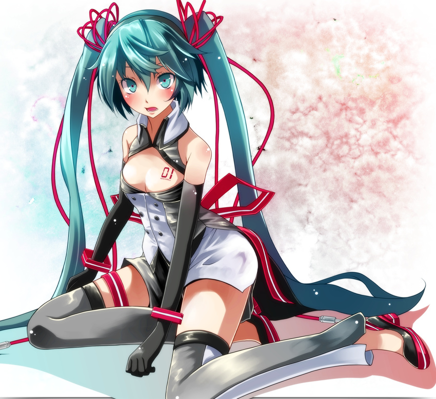 absurdres aqua_eyes aqua_hair bad_id bad_pixiv_id bare_shoulders blush breasts cable chest_tattoo cleavage cleavage_cutout detached_leggings elbow_gloves gloves hatsune_miku highres long_hair nijigen_dream_fever_(vocaloid) open_mouth project_diva_(series) project_diva_f_2nd sitting small_breasts solo tattoo thigh_strap thighs tsukishiro_saika twintails vocaloid yokozuwari