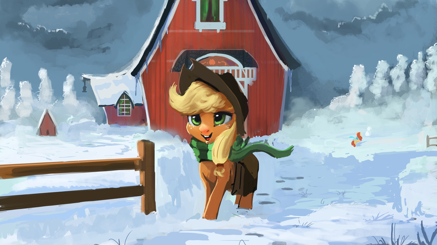 2017 absurd_res apple_bloom_(mlp) applejack_(mlp) barn blonde_hair building cub earth_pony equine female fence footprints freckles friendship_is_magic green_eyes hair hat hi_res horse house looking_at_viewer mammal my_little_pony open_mouth outside paperdrop pony red_hair saddle_bag scarf smile snow solo_focus striped_scarf teeth tongue winter young