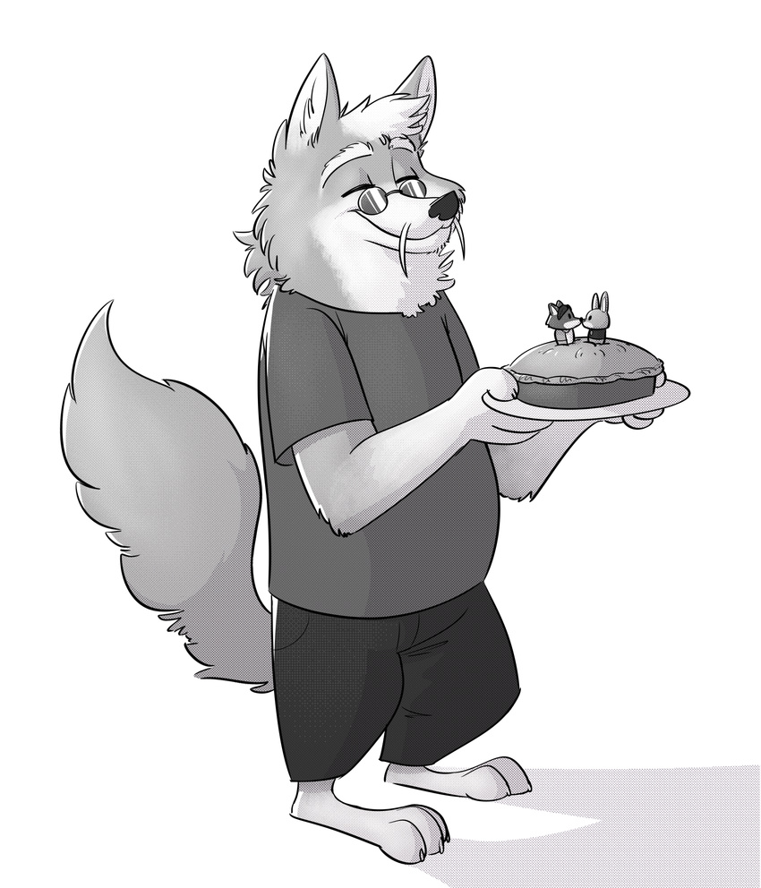 2017 anthro barefoot canine clothed clothing disney eyes_closed eyewear fan_character food fuel_(artist) glasses greyscale head_tuft holding_object male mammal monochrome pie plate screentone simple_background smile solo standing whiskers white_background wolf zootopia