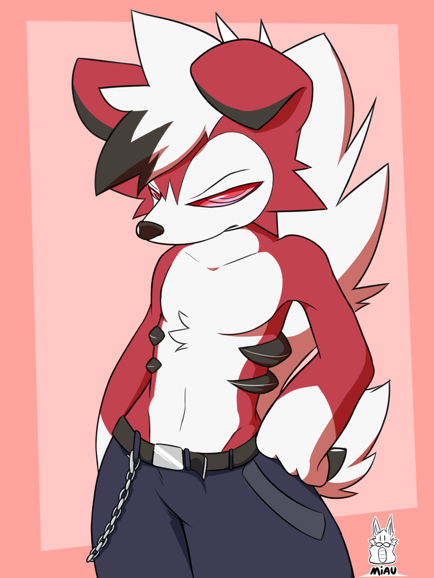 anthro belt black_fur clothed clothing fur jeans lycanroc male miau midnight_lycanroc nintendo pants pok&eacute;mon pok&eacute;mon_(species) red_fur red_sclera simple_background solo standing topless video_games white_fur
