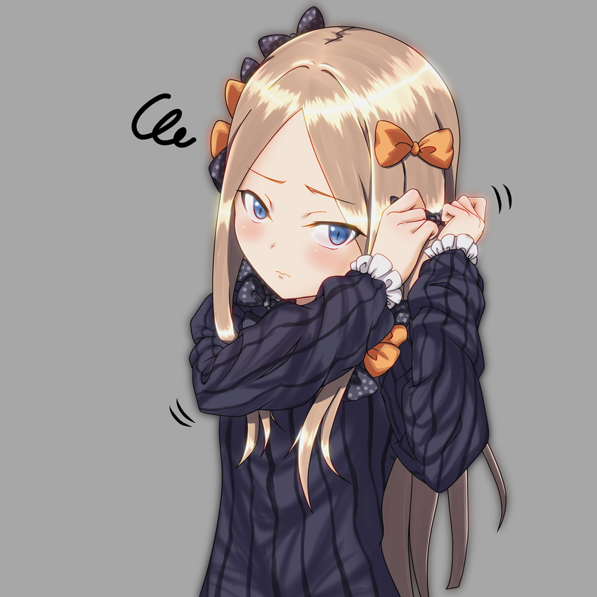 3: abigail_williams_(fate/grand_order) absurdres adjusting_bow arms_up bangs black_bow black_dress blue_eyes blush boushiya_(hatter) bow closed_mouth commentary_request dress eyebrows_visible_through_hair fate/grand_order fate_(series) forehead grey_background hair_bow highres light_brown_hair long_hair long_sleeves looking_to_the_side no_hat no_headwear orange_bow parted_bangs print_bow simple_background solo squiggle star star_print upper_body very_long_hair