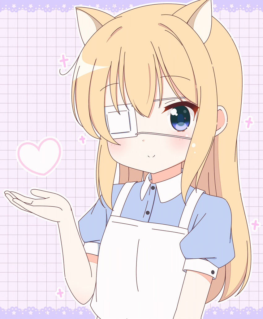 animal_ears bad_id bad_pixiv_id blonde_hair blue_eyes blush cat_ears closed_mouth eyebrows_visible_through_hair eyepatch heart highres kurea_(a114019) long_hair looking_at_viewer medical_eyepatch original short_sleeves smile solo upper_body