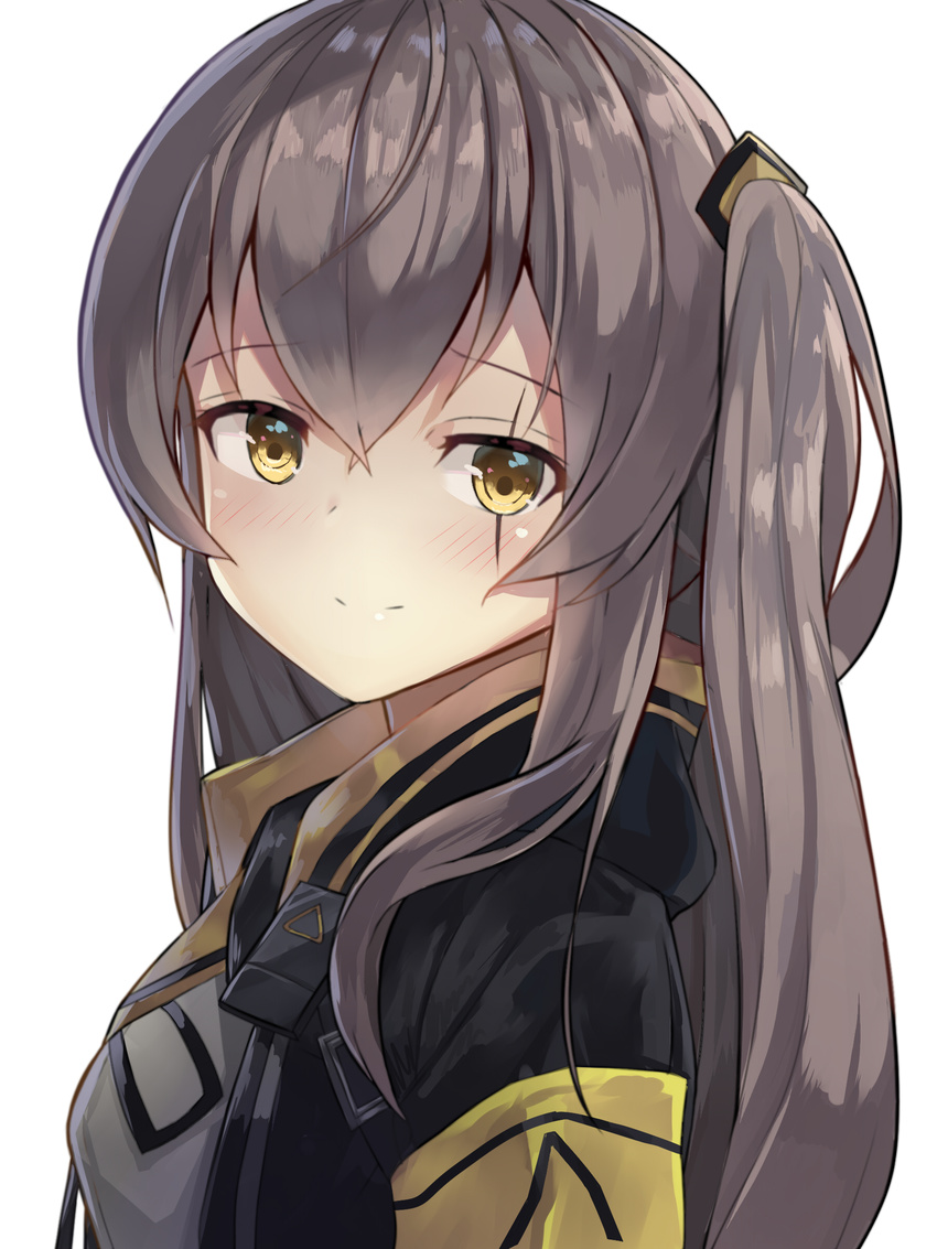 absurdres brown_hair commentary eyebrows_visible_through_hair girls_frontline highres jacket long_hair looking_at_viewer motokonut scar scar_across_eye simple_background smile solo twintails ump45_(girls_frontline) upper_body white_background yellow_eyes