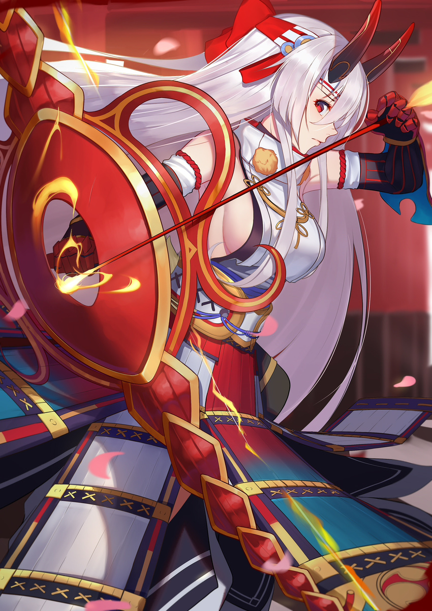 armor arrow bangs bow bow_(weapon) breasts closed_mouth commentary_request fate/grand_order fate_(series) hachimaki hair_between_eyes headband highres japanese_armor kusazuri langya_beike large_breasts long_hair looking_at_viewer oni_horns petals red_eyes sideboob silver_hair solo tomoe_gozen_(fate/grand_order) very_long_hair weapon