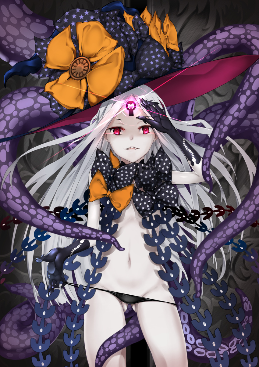 abigail_williams_(fate/grand_order) ass_visible_through_thighs black_bow black_panties bow commentary_request fate/grand_order fate_(series) grey_hair hat highres kagura_ren long_hair looking_at_viewer navel orange_bow pale_skin panties panty_pull pink_eyes smile solo star star_print tentacles underwear very_long_hair witch_hat