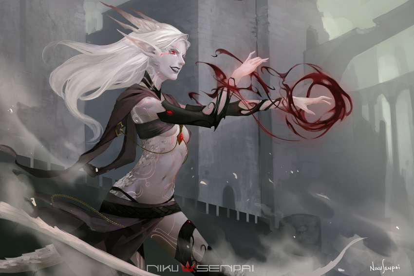 artist_name black_lipstick black_panties breasts cape commentary cowboy_shot detached_sleeves dragon_tail dungeons_and_dragons elf fantasy gem grey_skin grin highres horns lipstick logo long_hair magic makeup monster_girl nikusenpai outdoors panties pointy_ears red_eyes ruins scales signature small_breasts smile solo standing tail torn_cape torn_clothes underwear white_hair