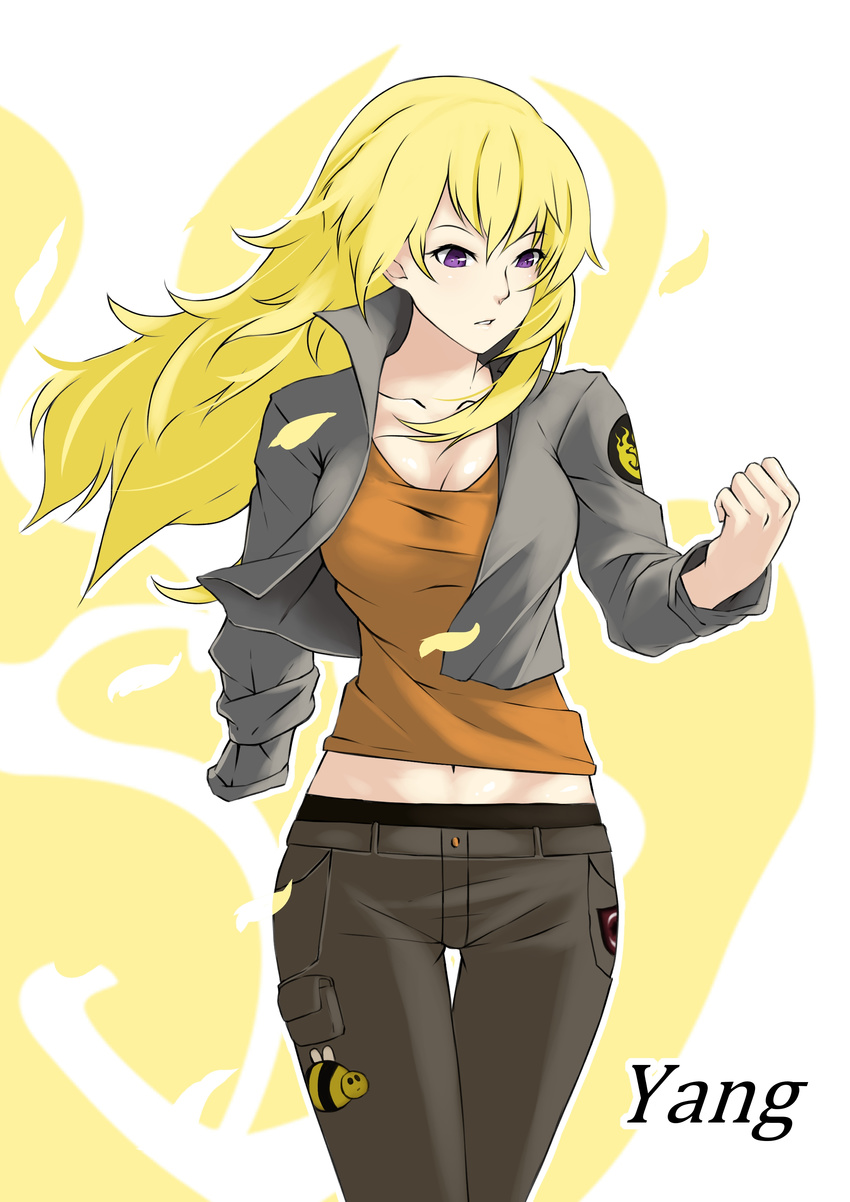 absurdres amputee blonde_hair breasts character_name cleavage clenched_hand groin hair_between_eyes highres jilu large_breasts long_hair midriff navel pants purple_eyes rwby solo spoilers tank_top thigh_gap white_background yang_xiao_long