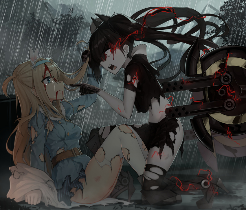 angry black_hair blonde_hair blood blood_on_face blue_eyes commentary_request crying girls_frontline gloves hair_grab hair_ornament hairband injury multiple_girls noria ouroboros_(girls_frontline) pale_skin pointing rain shirt skirt snowflake_hair_ornament suomi_kp31_(girls_frontline) tears thighhighs torn_clothes torn_legwear torn_shirt twintails wide-eyed