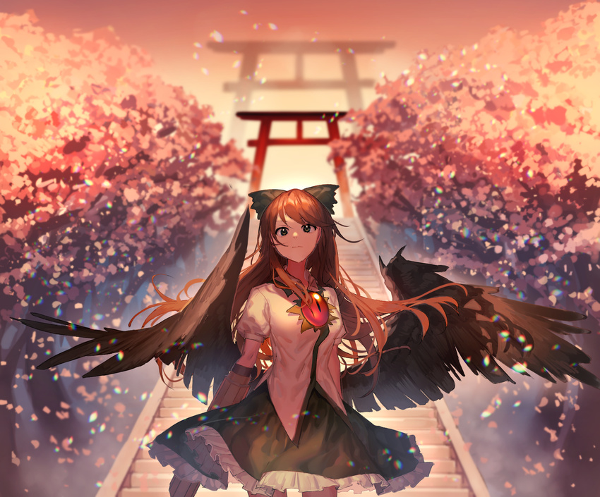 arch arms_at_sides bangs black_wings blurry bow brown_hair cherry_blossoms chromatic_aberration cowboy_shot depth_of_field feathered_wings frilled_skirt frills green_bow green_eyes hair_bow highres light_particles long_hair looking_at_viewer medium_skirt motsuba orange_sky outdoors petals puffy_short_sleeves puffy_sleeves reiuji_utsuho serious shirt short_sleeves skirt sky solo standing third_eye torii touhou tree twilight very_long_hair white_shirt wings