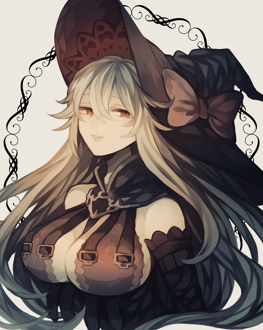 bangs bare_shoulders bow breasts cleavage commentary_request detached_sleeves granblue_fantasy hair_between_eyes hat hat_bow highres large_breasts long_hair looking_at_viewer magisa_(granblue_fantasy) parted_lips red_eyes silver_hair smile solo upper_body wiriam07 witch_hat