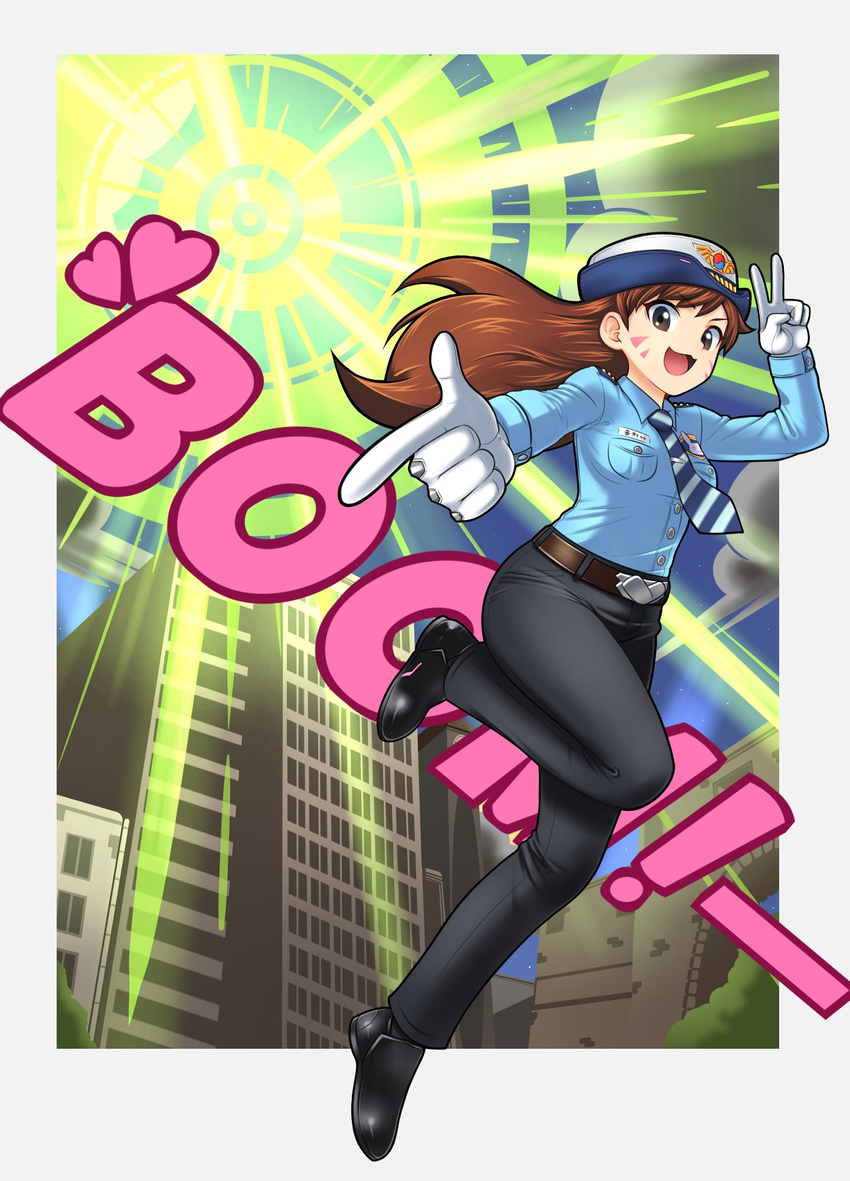 :3 :d belt black_footwear black_pants blue_neckwear blue_shirt border breast_pocket brown_eyes brown_hair building collared_shirt d.va_(overwatch) dress_shirt eron eyebrows_visible_through_hair finger_gun from_side full_body gloves hat heart highres leg_up long_hair long_sleeves looking_at_viewer necktie officer_d.va open_mouth outside_border outstretched_arm overwatch pants pocket police police_uniform policewoman shirt smile solo sound_effects striped striped_neckwear uniform v v-shaped_eyebrows white_gloves wing_collar