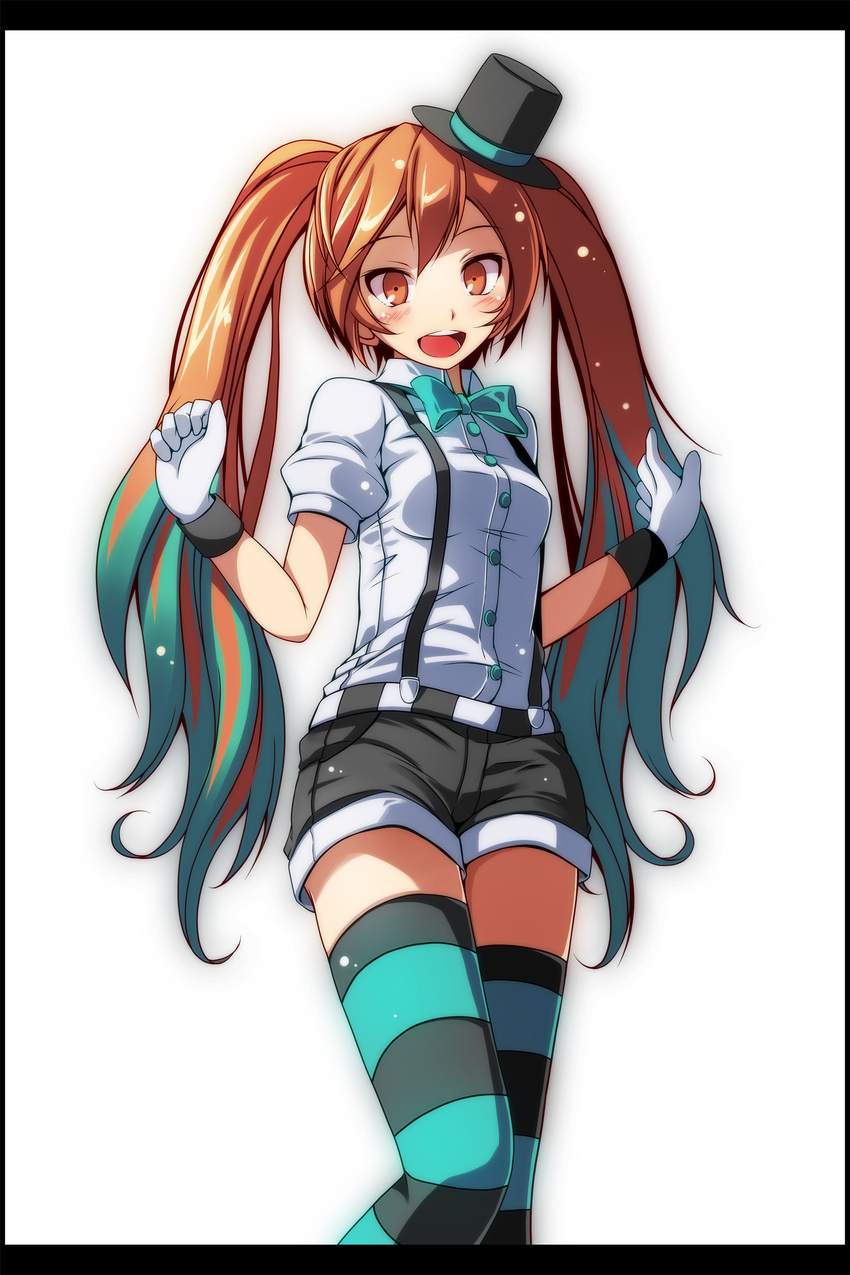 :d absurdres aqua_bow aqua_hair aqua_neckwear black_border black_hat black_shorts blush border bow bowtie breasts brown_hair collared_shirt dress_shirt hands_up hat hatsune_miku highres long_hair looking_at_viewer mini_hat mini_top_hat mrs.pumpkin_no_kokkei_na_yume_(vocaloid) open_mouth project_diva_(series) project_diva_x puffy_short_sleeves puffy_sleeves round_teeth shirt short_sleeves shorts simple_background small_breasts smile solo standing striped striped_legwear suspender_shorts suspenders teeth top_hat tsukishiro_saika twintails two_side_up very_long_hair vocaloid w_arms white_background white_shirt wing_collar