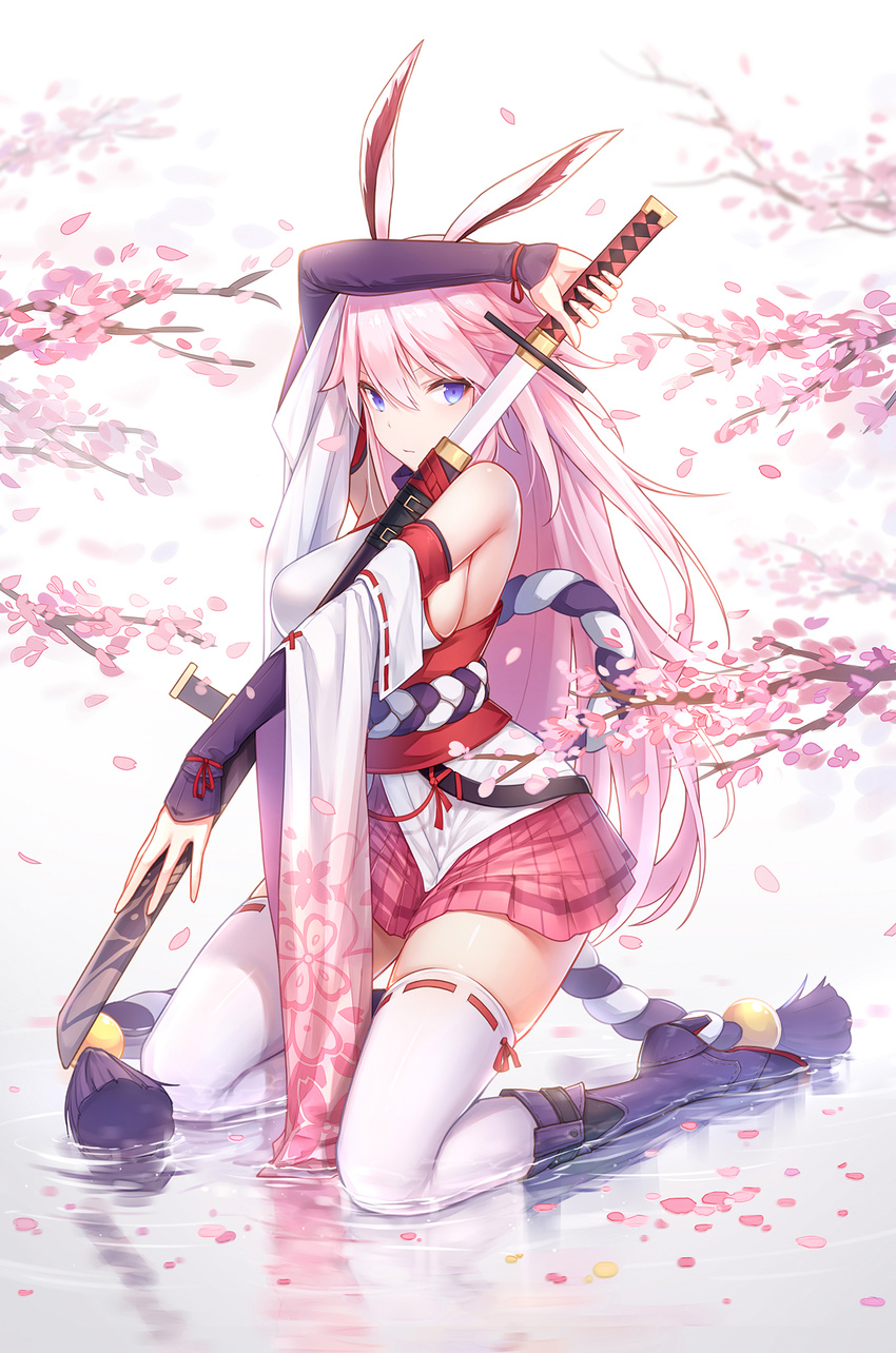 animal_ears arm_up bare_shoulders benghuai_xueyuan black_footwear blue_eyes blurry boots breasts bunny_ears cherry_blossoms closed_mouth depth_of_field detached_sleeves full_body hair_between_eyes highres holding holding_sword holding_weapon japanese_clothes katana kimono knee_boots kneeling kurisu_tina large_breasts long_hair long_sleeves looking_at_viewer obi petals pink_hair pink_skirt pleated_skirt red_ribbon reflection ribbon ribbon-trimmed_legwear ribbon_trim sash serious sheath short_kimono sideboob skirt solo striped sword tassel thighhighs thighs tree_branch unsheathing vertical-striped_skirt vertical_stripes very_long_hair water weapon white_background white_kimono wide_sleeves yae_sakura_(benghuai_xueyuan) zettai_ryouiki