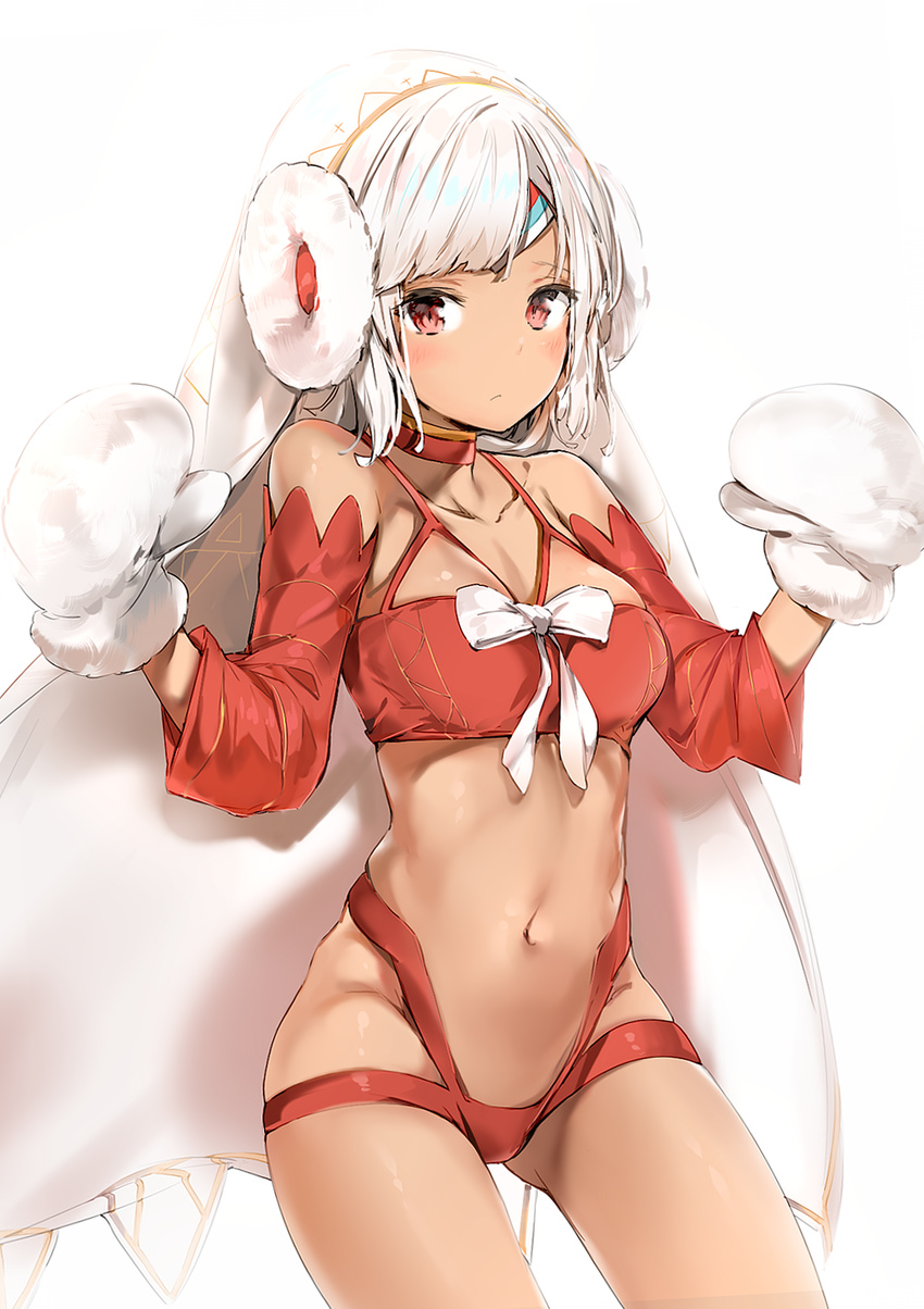 altera_(fate) altera_the_santa ass_visible_through_thighs bad_id bad_pixiv_id bangs bare_shoulders blush breasts choker cleavage closed_mouth collarbone cowboy_shot dark_skin detached_sleeves earmuffs fate/grand_order fate_(series) groin hands_up headband highres legs_apart light_frown long_sleeves looking_at_viewer medium_breasts midriff mittens navel red_choker red_eyes revealing_clothes santa_costume shiny shiny_skin short_hair sidelocks silver_(chenwen) silver_hair simple_background skindentation solo standing stomach swept_bangs thighs veil w_arms white_background