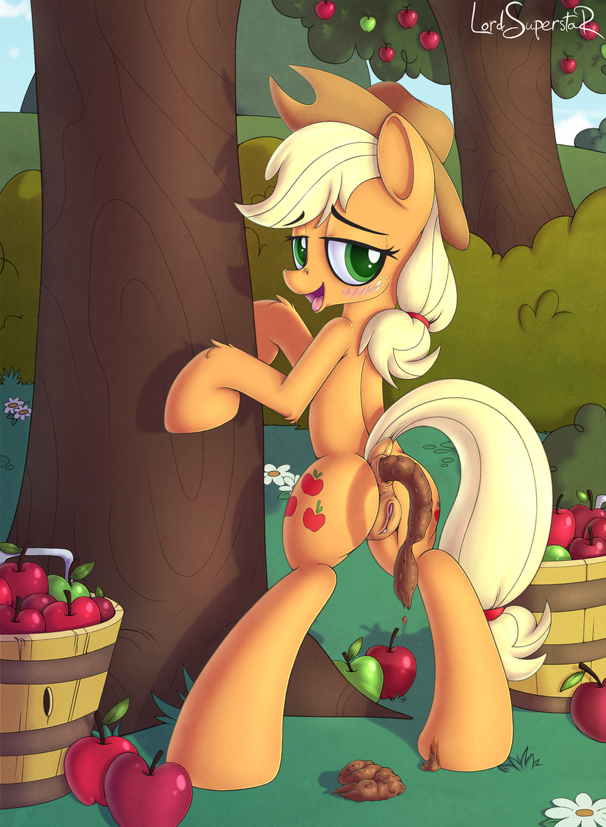 2017 absurd_res anus apple applejack_(mlp) blush butt clitoris cutie_mark earth_pony equine fart feces female food friendship_is_magic fruit hair hat hi_res horse lord_superstar mammal my_little_pony outside pony presenting presenting_anus presenting_pussy pussy raised_tail scat solo tree