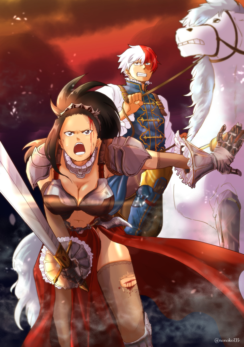 1girl absurdres armor artist_name bikini_armor blood blood_on_face bloody_clothes blue_eyes boku_no_hero_academia boots breasts brown_eyes cleavage clenched_teeth collar crown cuts european_clothes frilled_collar frills gloves grey_eyes heterochromia highres holding holding_sword holding_weapon horse injury large_breasts midriff multicolored_hair navel nonoko135 open_mouth ponytail prince red_hair red_skirt reins serious shoulder_armor skirt smoke spaulders sweat sword teeth thighhighs todoroki_shouto torn_clothes torn_legwear two-tone_hair volcano warrior weapon white_hair white_horse yaoyorozu_momo