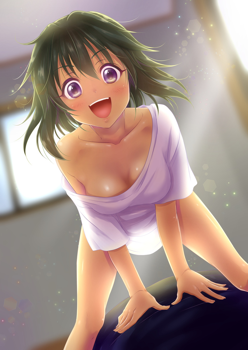 :d absurdres bare_legs bedroom black_hair blue_eyes blurry blush bottomless breasts cleavage collarbone dark_skin depth_of_field dutch_angle eyebrows_visible_through_hair eyelashes fingernails hair_intakes highres idolmaster idolmaster_cinderella_girls indoors large_breasts leaning_forward light_particles lips looking_at_viewer messy_hair morning natalia_(idolmaster) open_mouth oversized_clothes pov shiny shiny_skin shirt short_hair smile solo_focus straddling teeth v-shaped_eyebrows waking_up white_shirt window yuki_sizuku