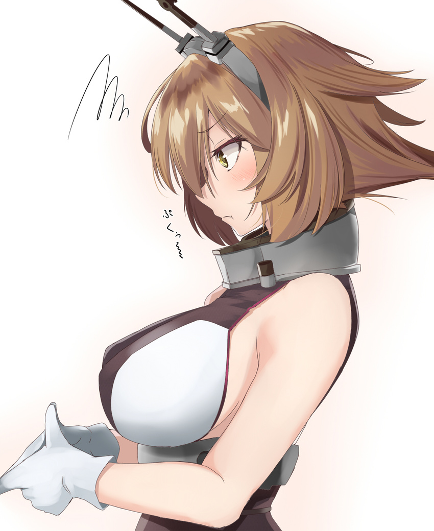 bangs bare_shoulders blush breasts brown_hair closed_mouth collar eyebrows_visible_through_hair flipped_hair gloves green_eyes hair_between_eyes hands_together headgear highres kantai_collection large_breasts looking_to_the_side mutsu_(kantai_collection) ninoude_(ninoude44) short_hair sideboob simple_background solo upper_body white_background white_gloves