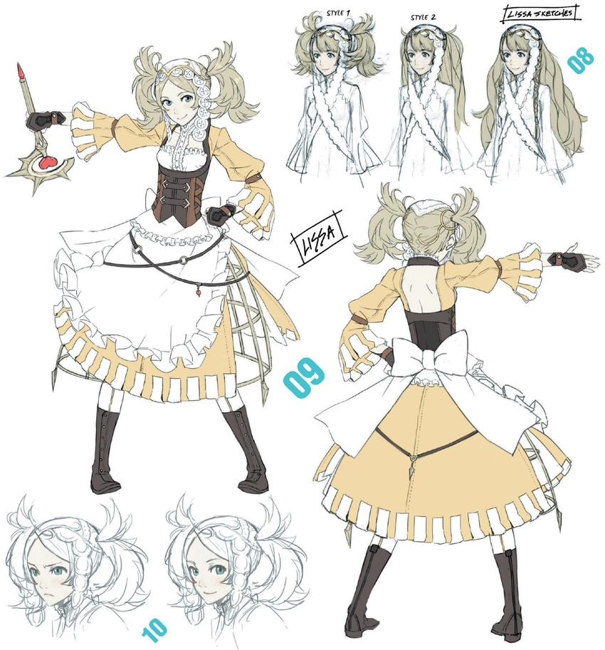 alternate_hairstyle apron bangs blonde_hair blue_eyes boots bow character_sheet concept_art corset dress fingerless_gloves fire_emblem fire_emblem:_kakusei frills full_body gloves hair_ornament hand_on_hip highres liz_(fire_emblem) long_hair multiple_views outstretched_arm staff standing turnaround twintails underbust white_background