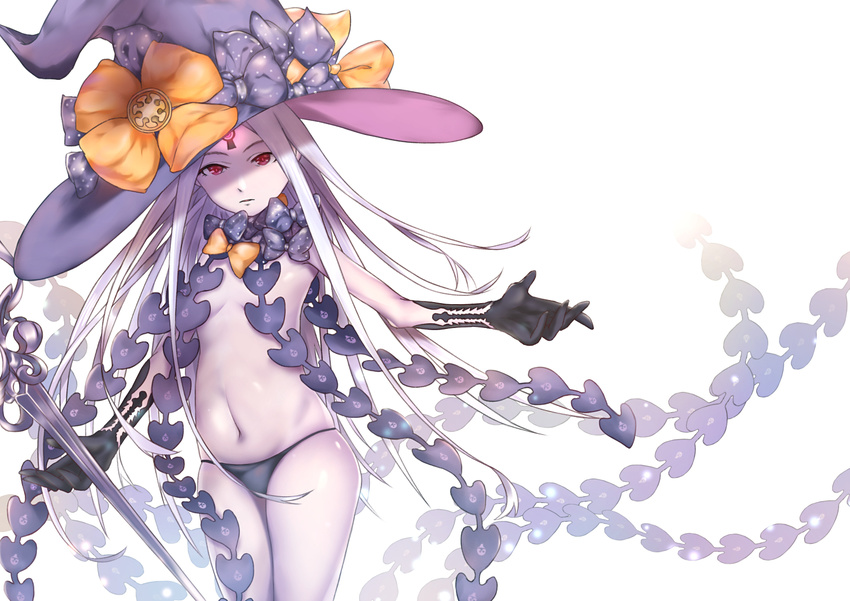 abigail_williams_(fate/grand_order) black_bow black_panties blush bow fate/grand_order fate_(series) grey_hair hat highres k880677 keyhole long_hair looking_at_viewer orange_bow pale_skin panties polka_dot polka_dot_bow red_eyes revealing_clothes simple_background solo underwear very_long_hair white_background witch_hat