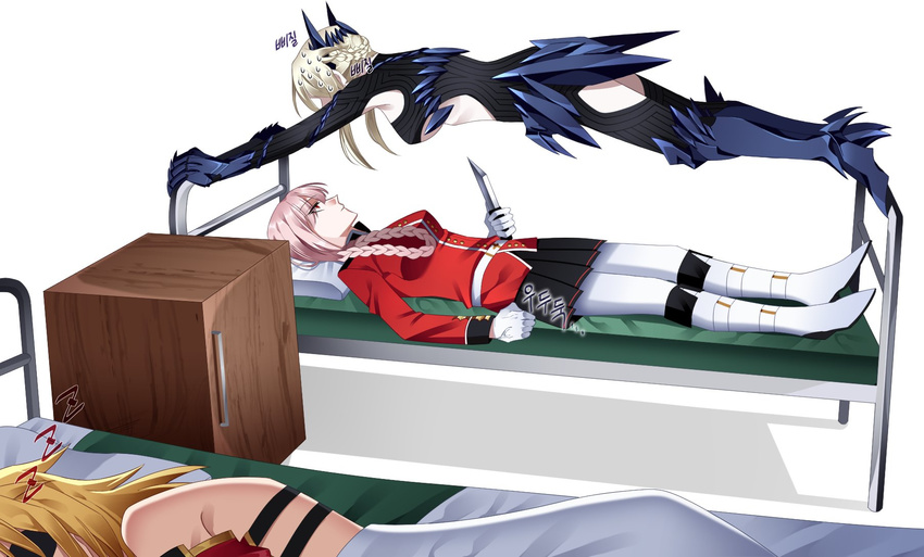 anger_vein artoria_pendragon_(all) artoria_pendragon_(lancer_alter) black_skirt blonde_hair breasts clenched_hand commentary_request derivative_work fate/grand_order fate_(series) florence_nightingale_(fate/grand_order) gauntlets gloves highres hochikass holding holding_knife horns knife korean korean_commentary long_sleeves looking_at_another lying medium_breasts mordred_(fate) mordred_(fate)_(all) multiple_girls on_back on_bed pantyhose pillow red_eyes shadow sideboob skirt sleeping sweat translation_request white_background white_gloves yuri zzz