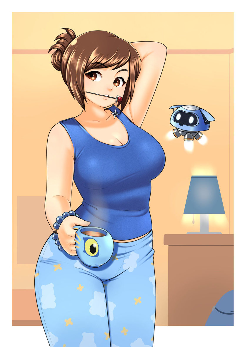 arm_behind_head arm_up bangs blue_pants blue_shirt border bracelet breasts brown_eyes brown_hair casual cleavage cloud_print collarbone cowboy_shot cup eron eyebrows_visible_through_hair hair_ornament hairpin head_tilt highres holding indoors jewelry lamp large_breasts looking_at_viewer mei_(overwatch) mouth_hold mug outside_border overwatch pants shirt sleeveless sleeveless_shirt snowball_(overwatch) star star_print steam swept_bangs tank_top