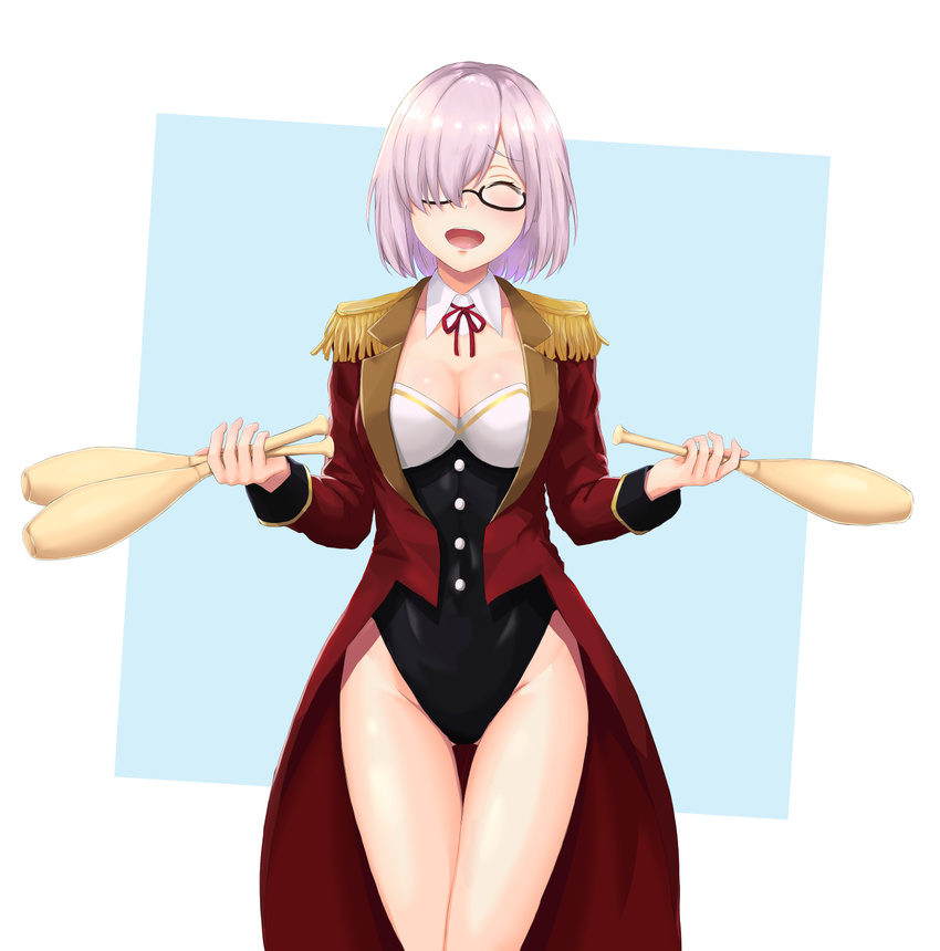 :d ^_^ ^o^ ass_visible_through_thighs black-framed_eyewear black_leotard blue_background blush breasts cleavage closed_eyes coat coattails detached_collar epaulettes facing_viewer fate/grand_order fate_(series) glasses groin hair_over_one_eye happy highres holding juggling_club leotard long_coat long_sleeves mash_kyrielight medium_breasts meri-san open_mouth pink_hair red_coat red_ribbon ribbon semi-rimless_eyewear shiny shiny_hair short_hair smile solo thigh_gap thighs two-tone_background under-rim_eyewear