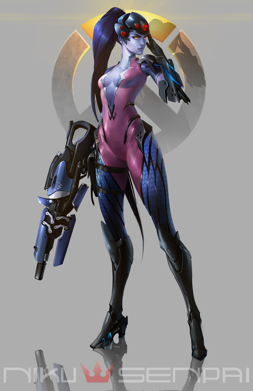 artist_name assault_rifle blue_hair blue_sclera blue_skin bodysuit boots breasts closed_mouth commentary full_body gloves grey_background gun hand_up helmet high_heel_boots high_heels highres holding holding_gun holding_weapon knee_boots logo looking_to_the_side medium_breasts nikusenpai overwatch pink_bodysuit ponytail reflection rifle solo standing weapon widowmaker_(overwatch) yellow_eyes