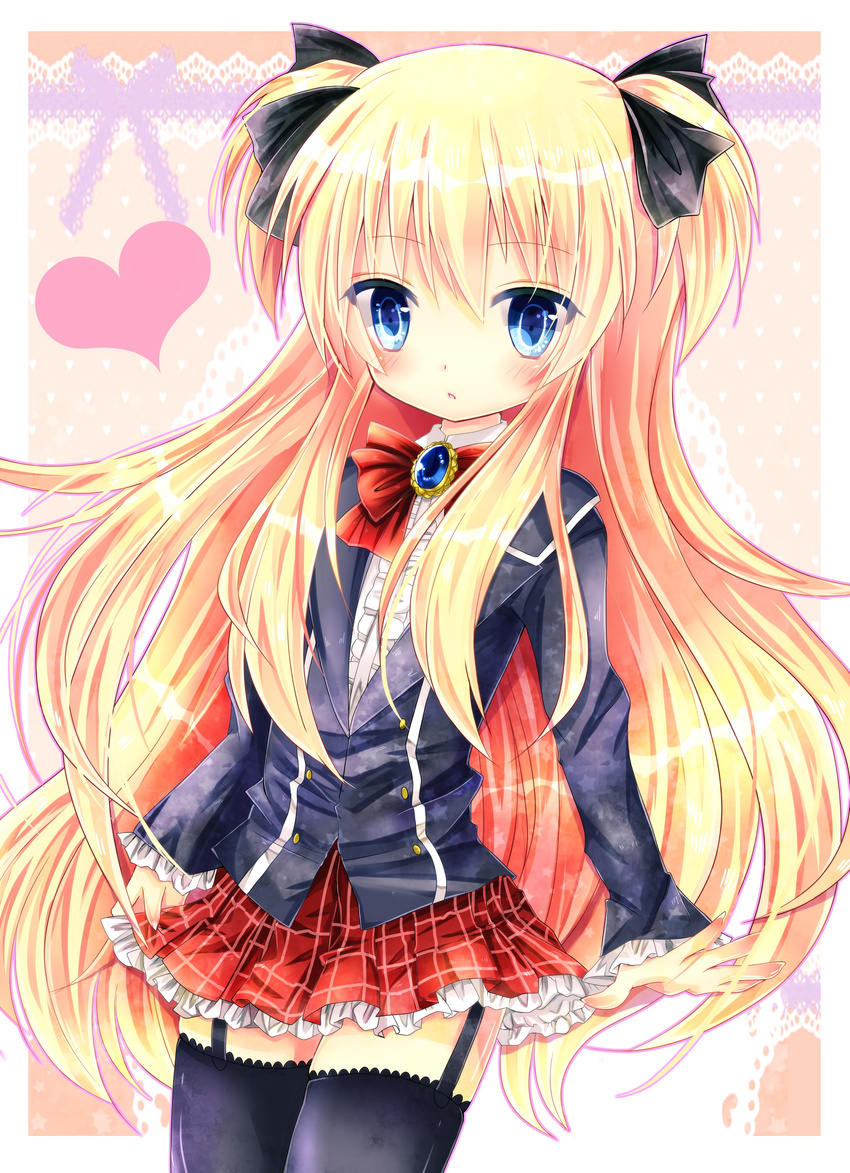 absurdres bangs black_jacket black_legwear black_ribbon blazer blonde_hair blue_eyes blush bow bowtie brooch center_frills commentary_request cowboy_shot eyebrows_visible_through_hair frilled_skirt frills funakoshi garter_straps hair_between_eyes hair_ribbon highres jacket jewelry long_hair long_sleeves looking_at_viewer parted_lips plaid plaid_skirt pleated_skirt quiz_magic_academy red_neckwear red_skirt ribbon shalon shirt skindentation skirt skirt_hold solo thighhighs two_side_up very_long_hair white_shirt