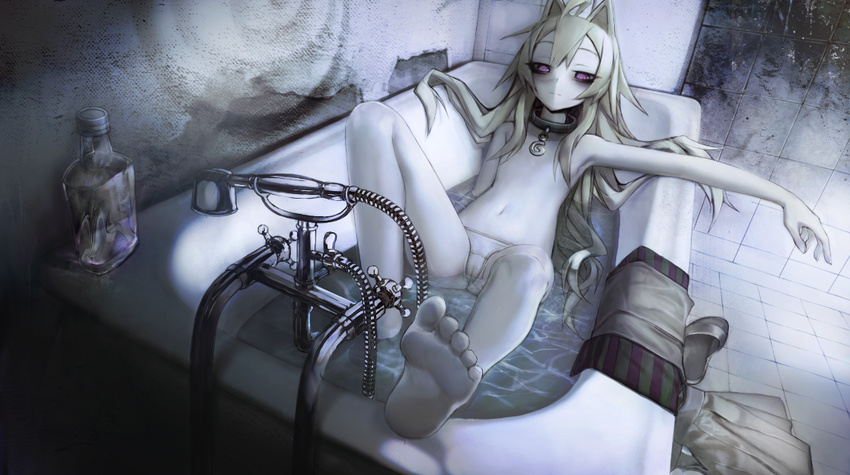animal_ears barefoot bathtub blonde_hair bottle closed_mouth collar expressionless flat_chest half-closed_eyes indoors long_hair looking_at_viewer lying navel on_back original panties pink_eyes ro47 solo topless underwear underwear_only water white_panties