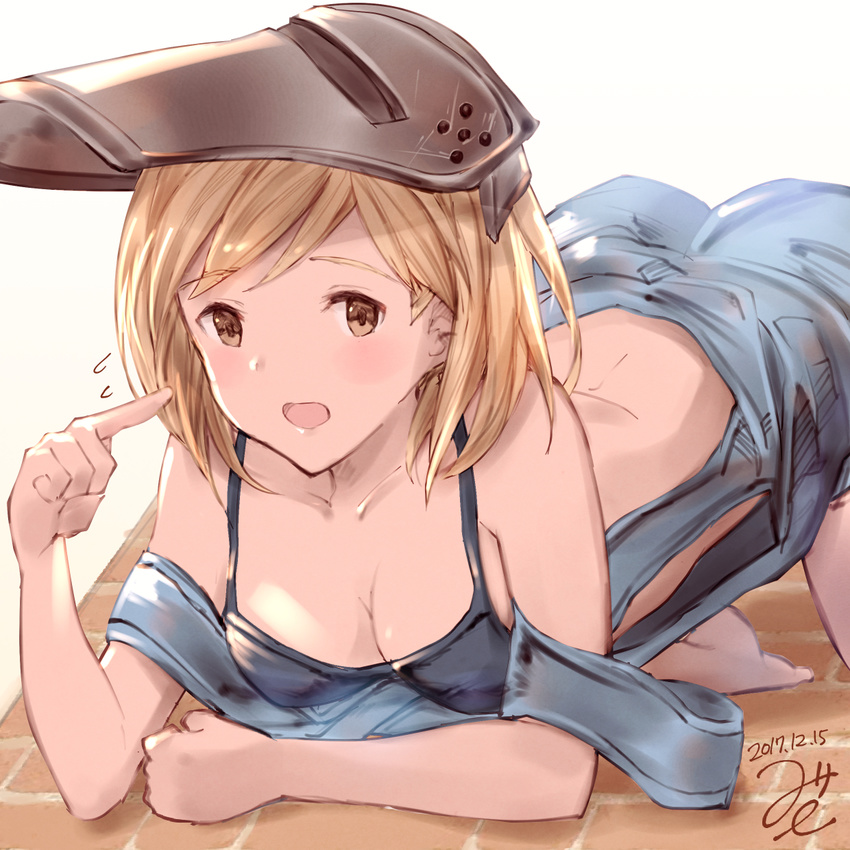 2017 :d all_fours ass bangs bare_shoulders barefoot blonde_hair blush breasts brown_eyes cleavage collarbone dated djeeta_(granblue_fantasy) eyebrows_visible_through_hair flying_sweatdrops granblue_fantasy highres looking_at_viewer mechanic_(granblue_fantasy) medium_breasts milli_little number open_mouth overalls pointing pointing_at_self sketch smile solo swept_bangs top-down_bottom-up welding_mask white_background